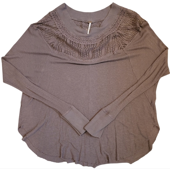 Free People Spring Valley Taupe Lightweight Thermal Knit Lace Tunic Top Wmns L - Picture 1 of 14